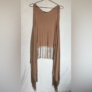 POL Boho Fringe Draped Tank Top in Taupe NEW Festival